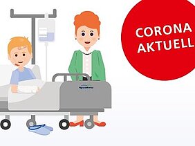 Ein kranker Junge sitzt im Krankenhausbett mit einem Verband am Arm. Eine freundliche Krankenschwester steht neben ihm. Im Hintergrund befindet sich ein Infusionsständer. Rechts oben ist ein rotes Symbol mit der Aufschrift "CORONA AKTUELL".