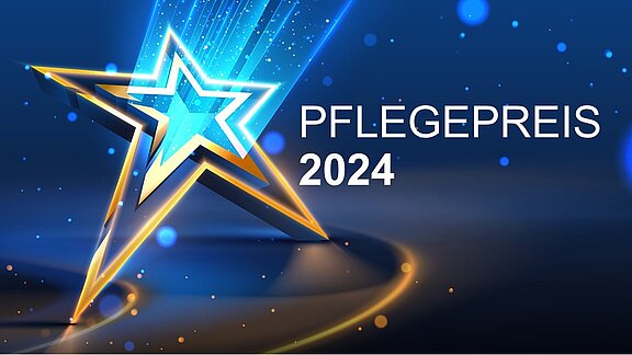 Grafik eines leuchtenden Sterns in blauen und goldenen Farben, begleitet von dem Text "PFLEGE- PREIS 2024". Der Stern symbolisiert Auszeichnung und Anerkennung, während der Hintergrund eine dynamische, festliche Atmosphäre schafft.