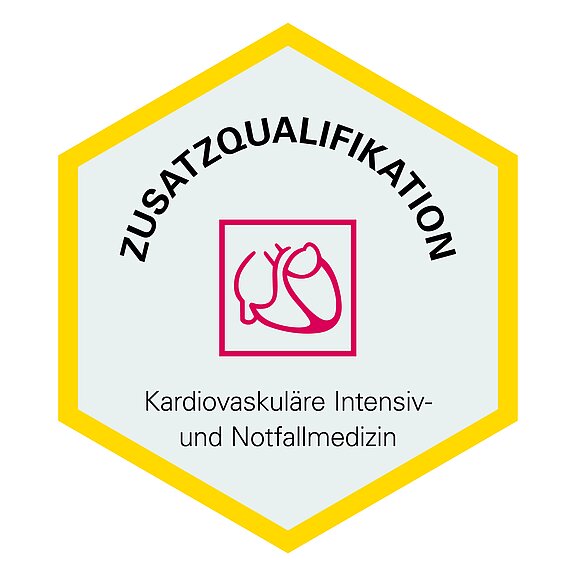 Ein sechseckiges Emblem mit dem Text "Zusatzqualifikation" oben. In der Mitte befindet sich ein ikonisches Herzsymbol. Darunter steht "Kardiovaskuläre Intensiv- und Notfallmedizin". Die Farben sind grau, rosa und gelb.