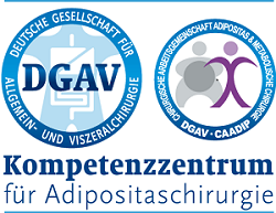 Logo der DGAV (Deutsche Gesellschaft für Allgemein- und Viszeralchirurgie) und das Symbol für das Kompetenzzentrum für Adipositaschirurgie. Beide betonen die Fachkompetenz im Bereich der Chirurgie zur Behandlung von Fettleibigkeit.