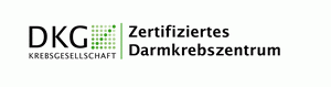 Logo der DKG (Deutsche Krebsgesellschaft) mit dem Schriftzug "Zertifiziertes Darmkrebszentrum". Das Bild vermittelt die Zugehörigkeit zu einem spezialisierten medizinischen Zentrum für die Behandlung von Darmkrebs und steht für höchste Qualitätsstandards.