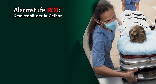 Das Bild zeigt eine medizinische Fachkraft, die eine Patientin auf einer Trage in ein Krankenhaus schiebt. Im Hintergrund wird die Alarmstufe Rot angezeigt, was auf eine gefährliche Situation für die Krankenhäuser hinweist.